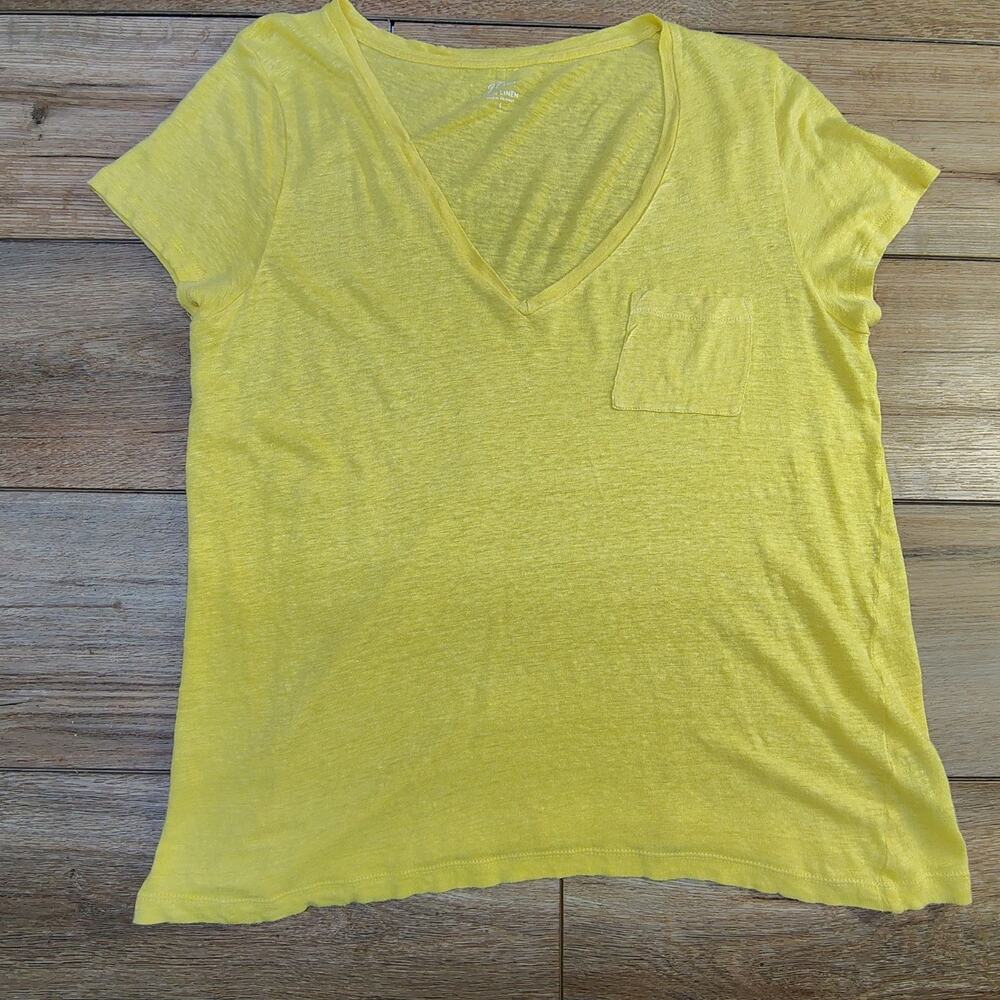 J.Crew Womens L 100% Linen V Neck Pocket Tee Bright Yellow
